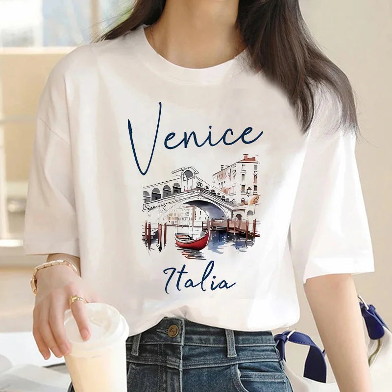 Hot Sale Venice Italia Letter Print Women's Crew Neck T-Shirt Casual Short Sleeve Letter Print Spring Summer Top Tee T Shirt Quick Pick Grocers